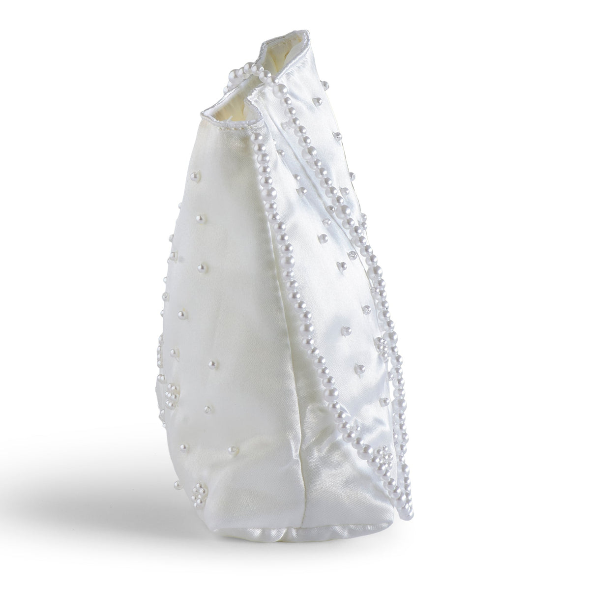 Side view of First Communion beaded purse showing the slim profile, satin body, and pearl handle