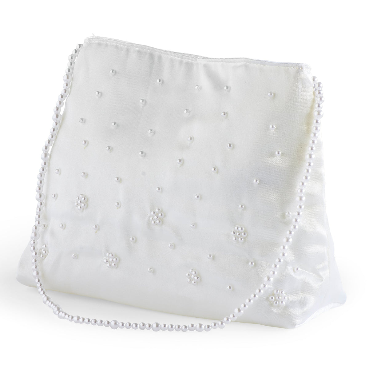 Back view of First Communion beaded purse showing the white satin finish, subtle bead accents, and structured shape