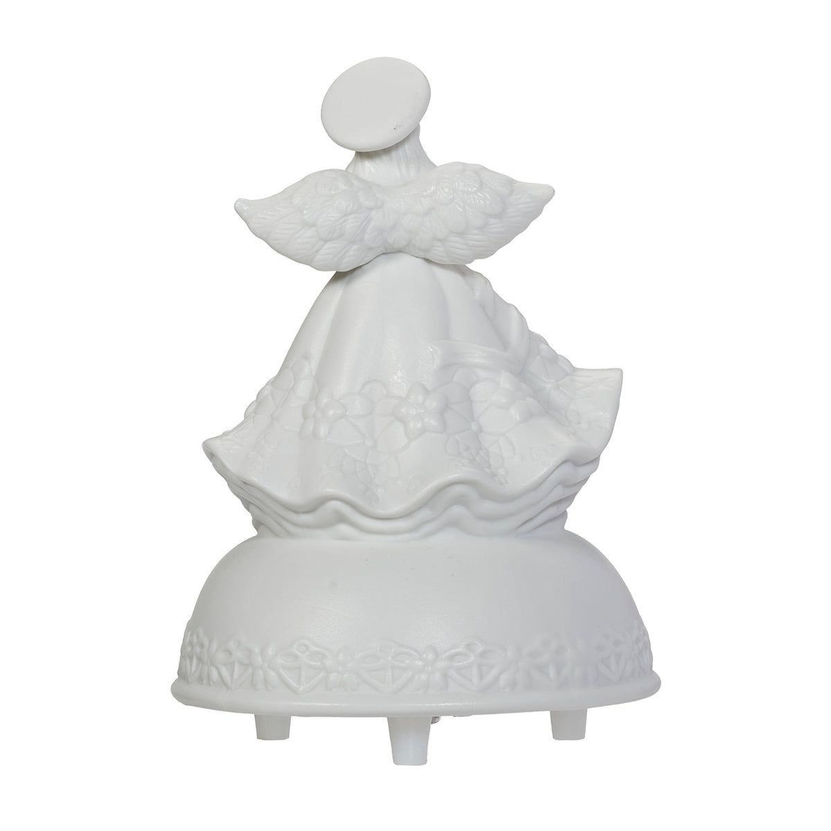Back view of Bread of Life First Communion Musical Angel showing the sculpted wings, flowing porcelain gown, and music box base