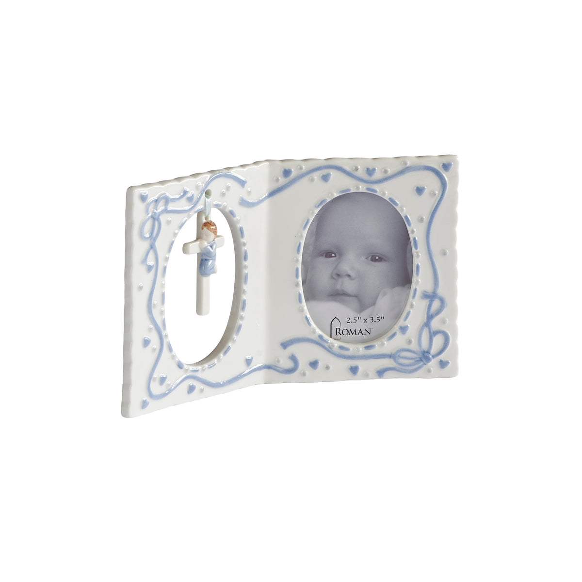 Front angled view of blue Hanging Cross & Praying Child Keepsake Picture Frame showing the baby photo opening and praying child with cross
