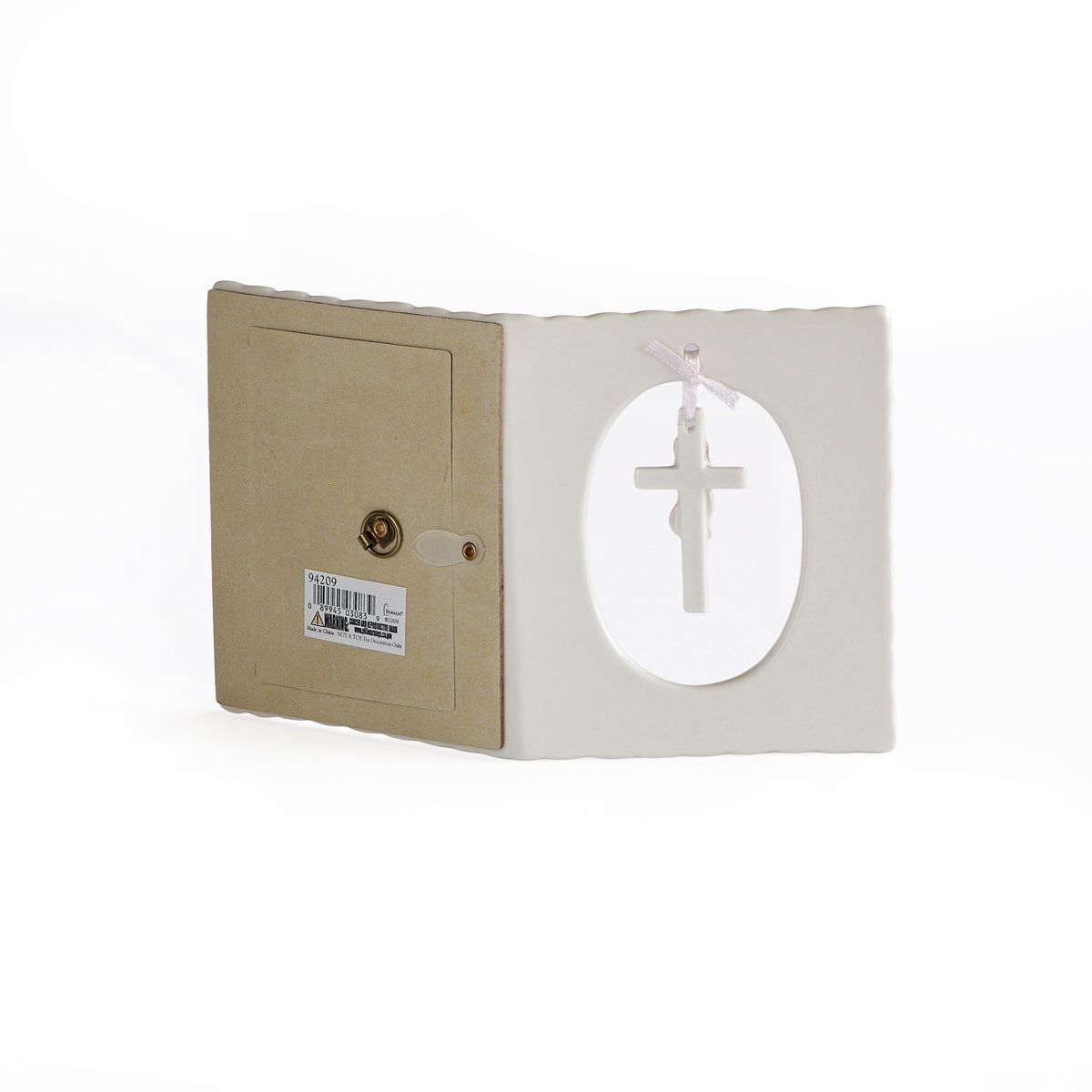 Opposite back angled view of pink Hanging Cross & Praying Child Keepsake Picture Frame showing the rear panel and hanging cross detail