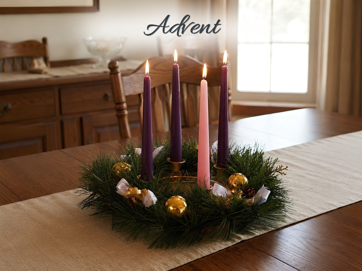 A festive Christmas advent wreath centerpiece on a wooden dining table, featuring four taper candles (two purple, one pink, one gold), green pine garland, gold ornaments, and white ribbons. The word 'Advent' is written in black script at the top.