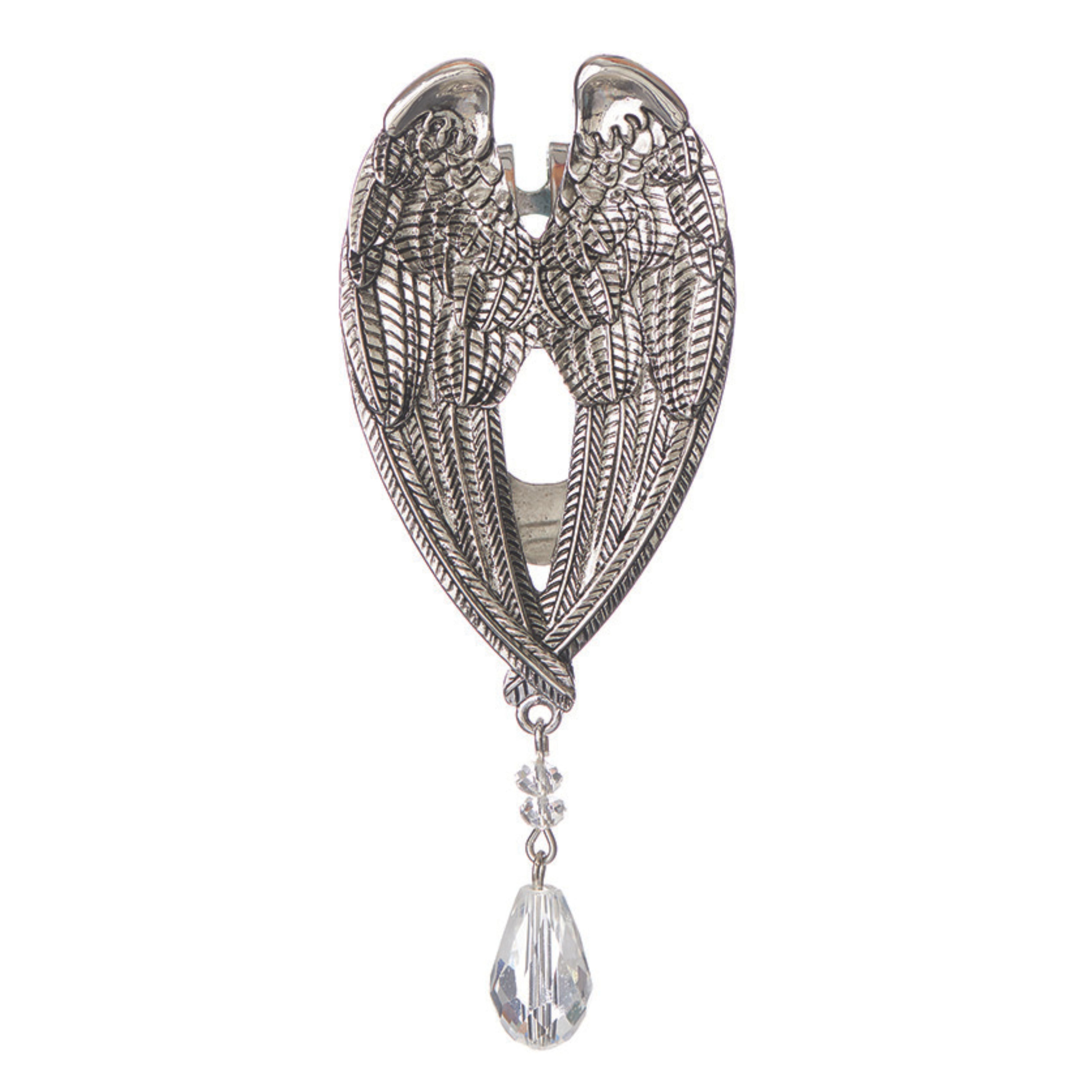 Silver angel wing brooch with a teardrop-shaped crystal on a white background