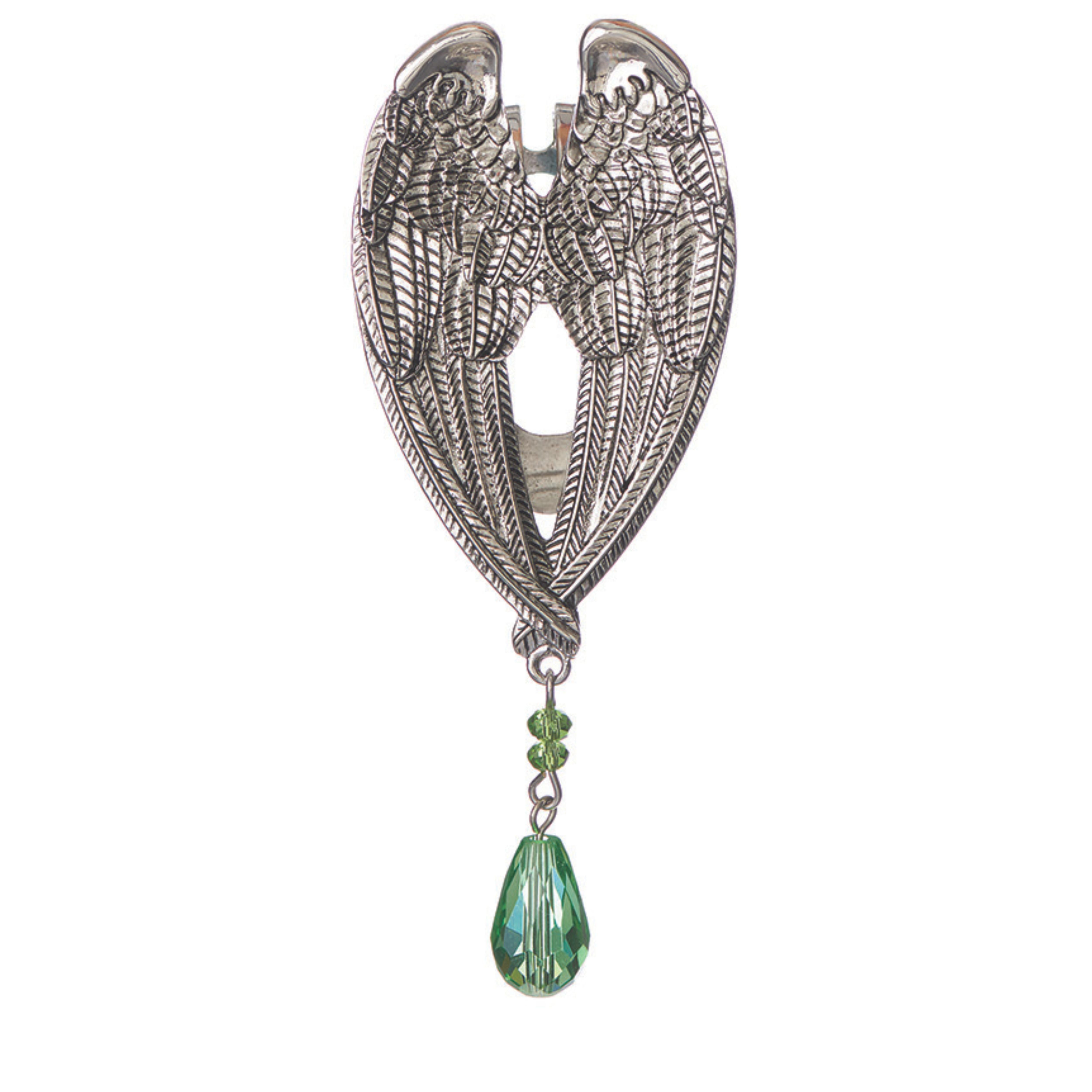 Silver angel wing pendant with a green teardrop charm on a white background