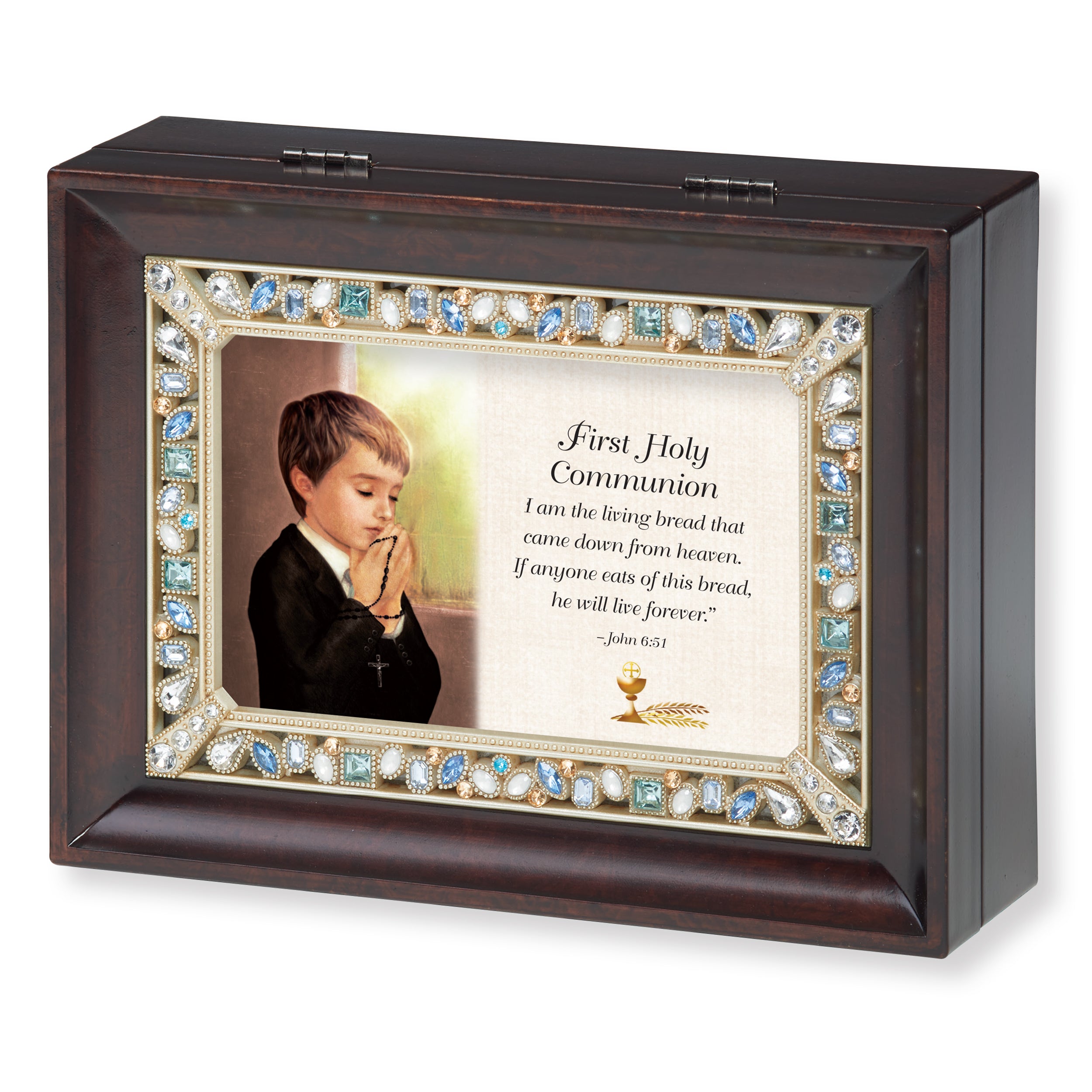 Boy's First Holy Communion Jeweled Music Box – "What a Friend We Have in Jesus" Tune