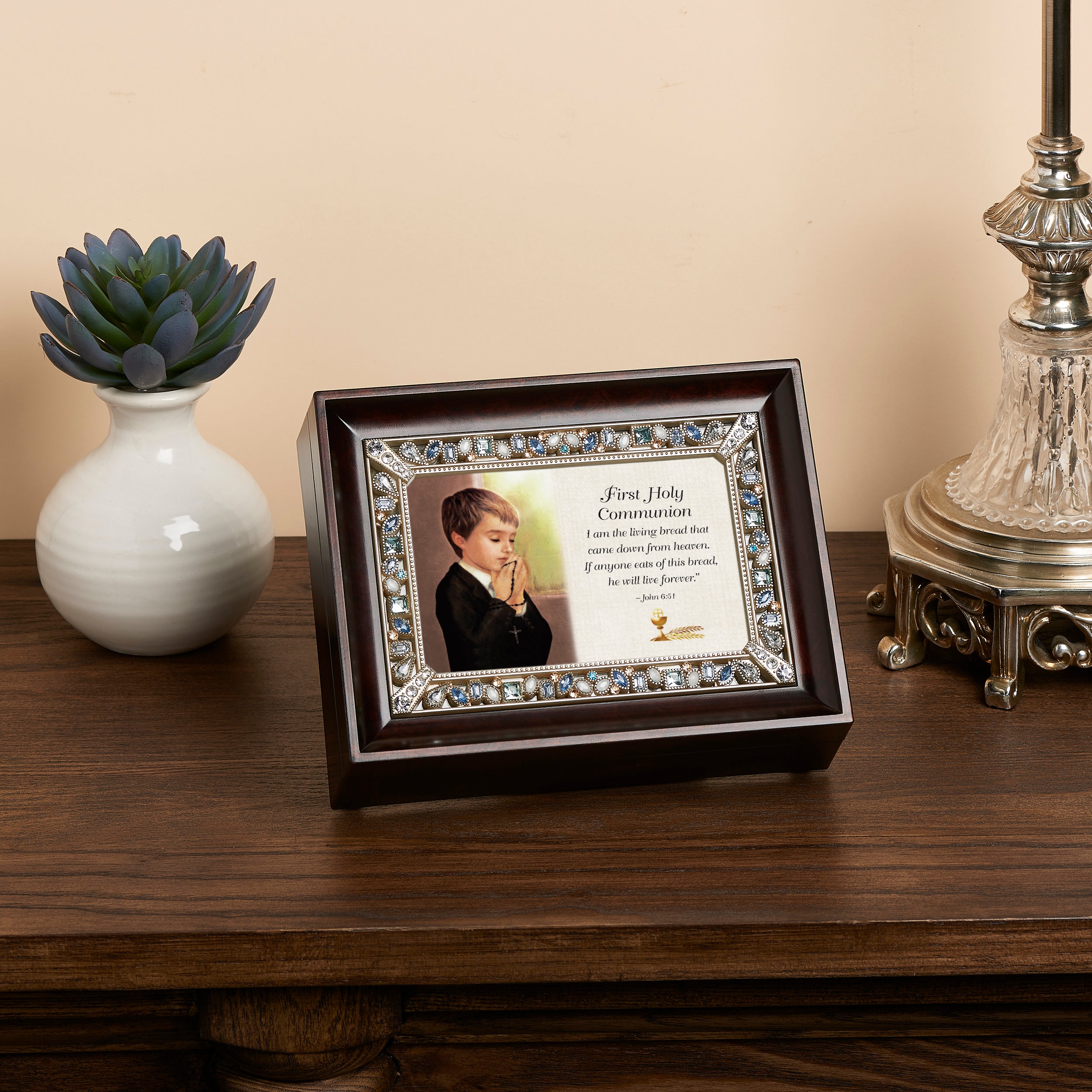 Boy's First Holy Communion Jeweled Music Box – "What a Friend We Have in Jesus" Tune