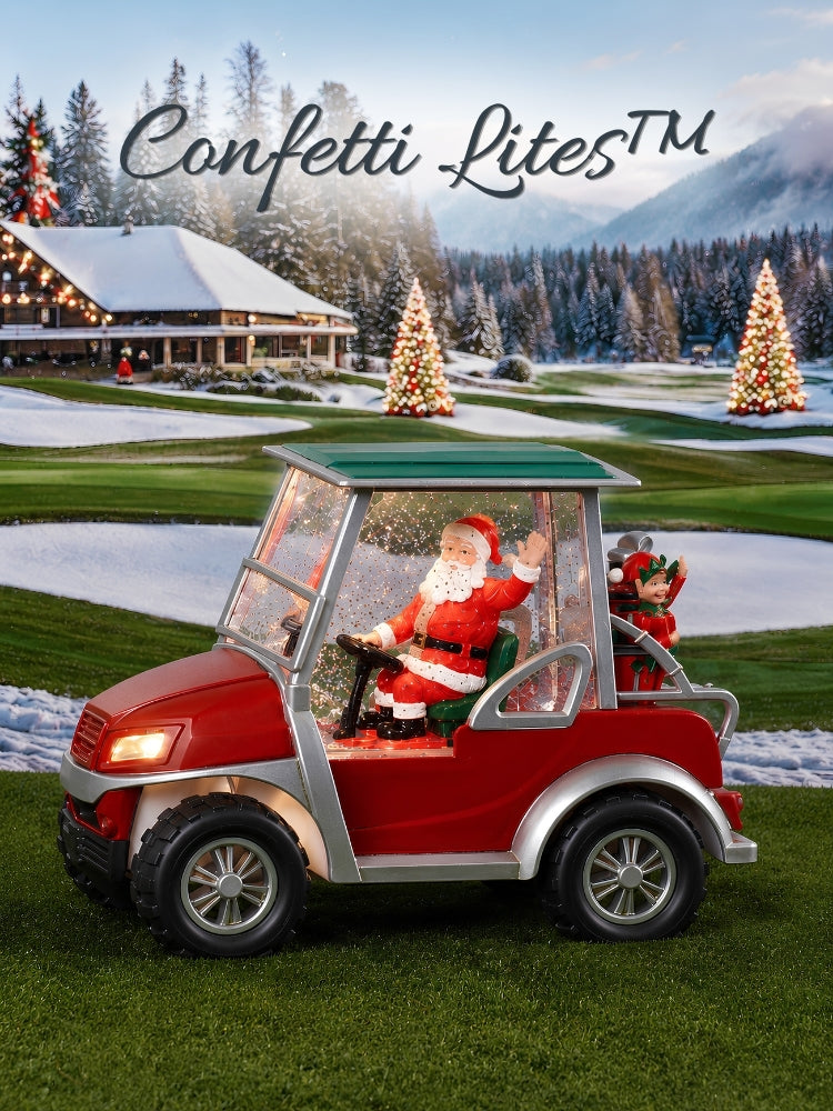 A red and silver toy golf cart with a green roof, driven by a Santa Claus figure, set against a snowy mountain golf course background with Christmas trees and the text 'Confetti Lites™' at the top.