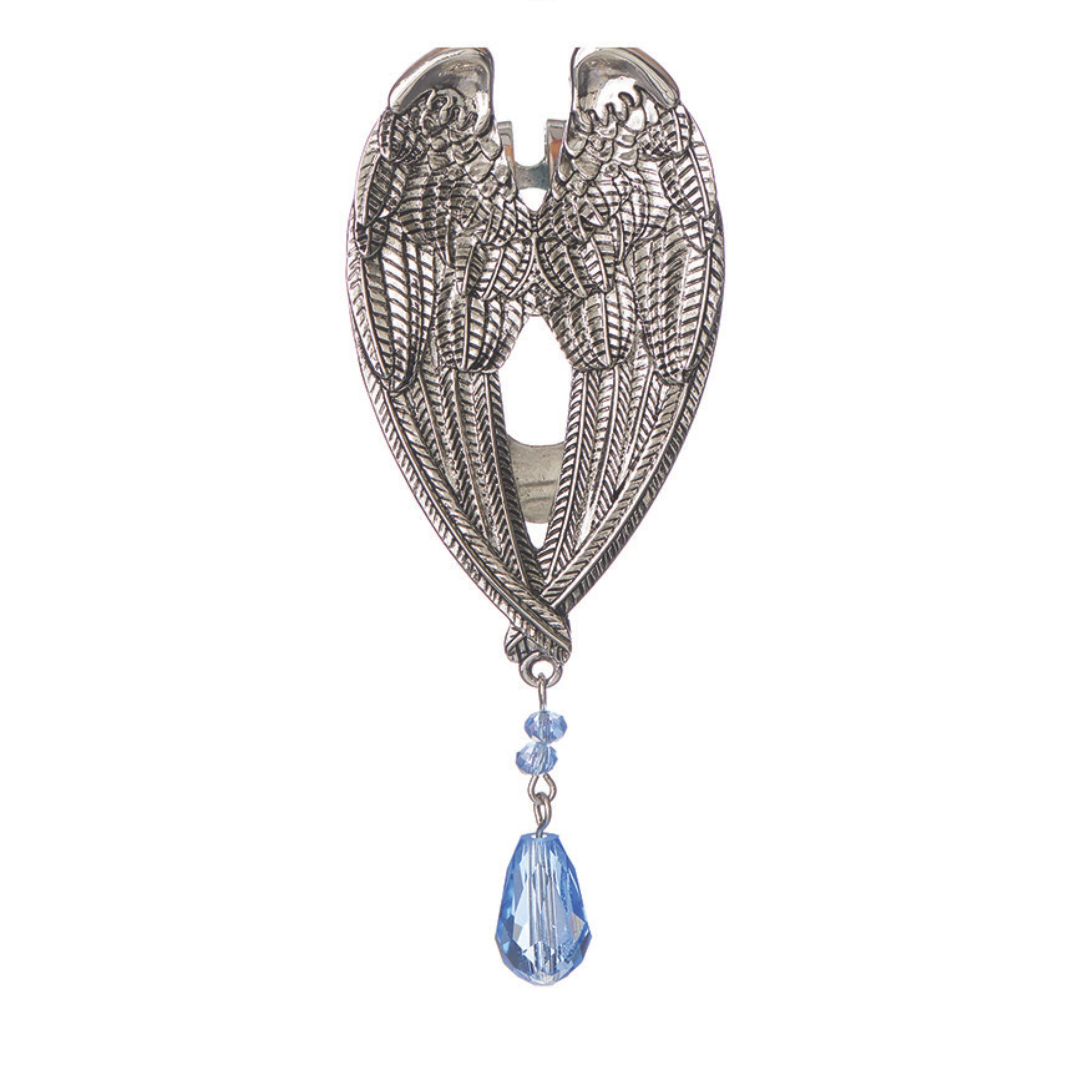 Decorative brooch with angel wings and a blue teardrop pendant on a white background
