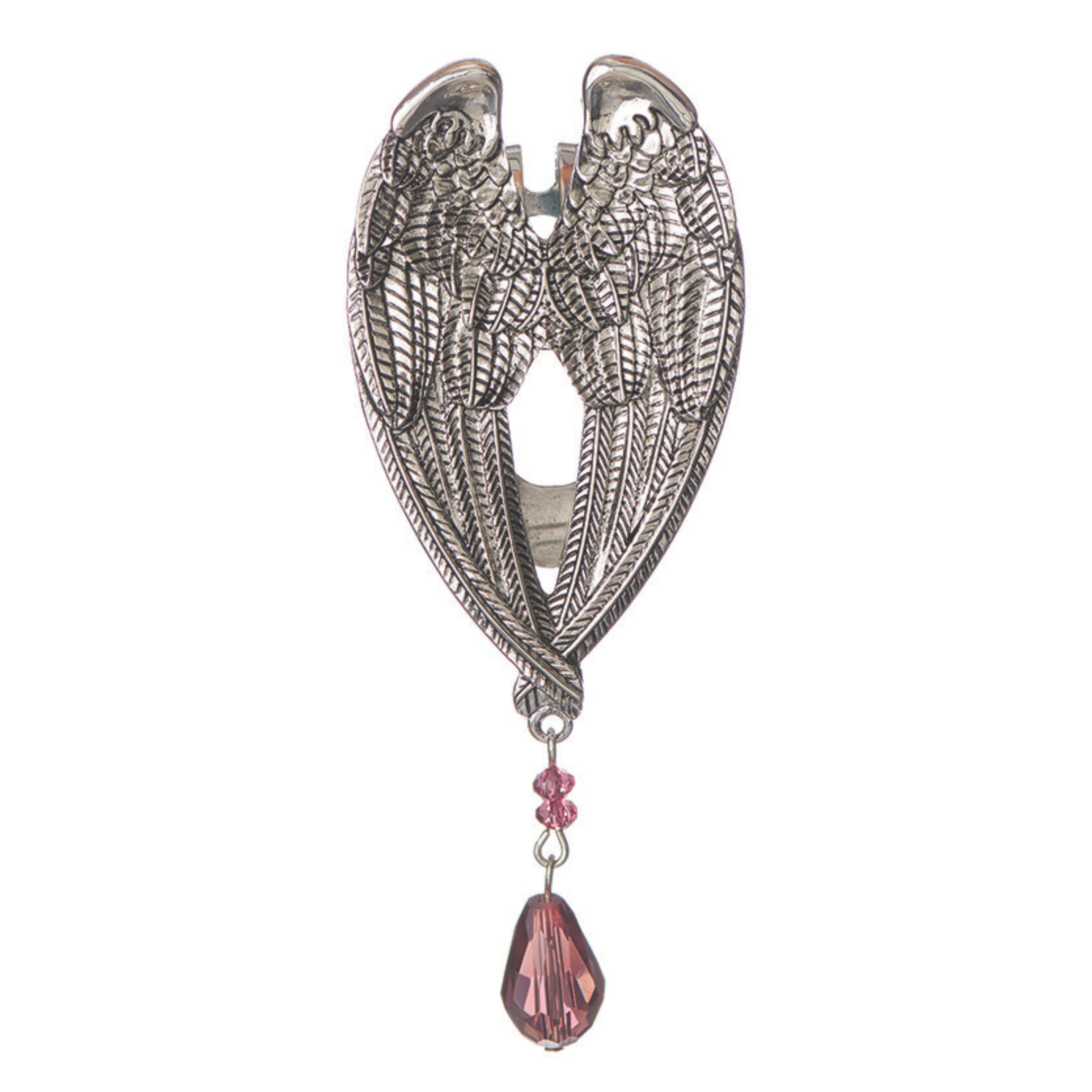 Silver angel wing brooch with a pink gemstone on a white background