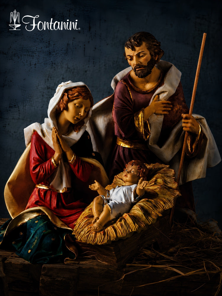 A detailed Holy Family nativity scene figurine by Fontanini, featuring Mary, Joseph, and baby Jesus in a straw manger, set against a dark textured background.