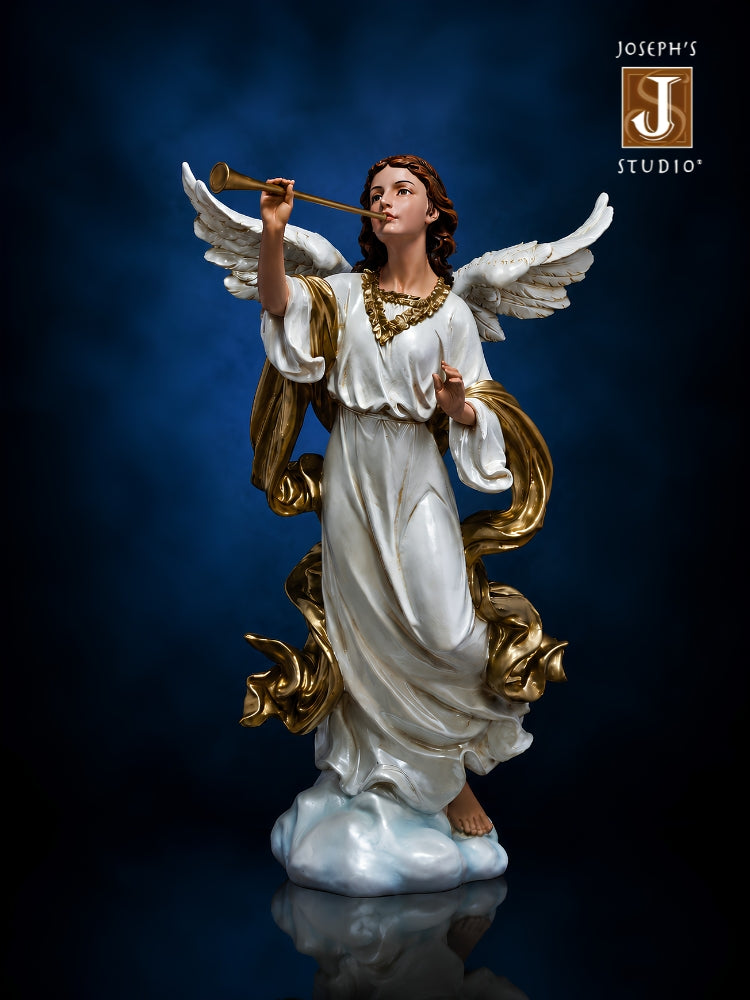 A detailed angel statue painted in white and gold, holding a trumpet, set against a dark blue background with a Joseph's Studio logo in the top right corner.