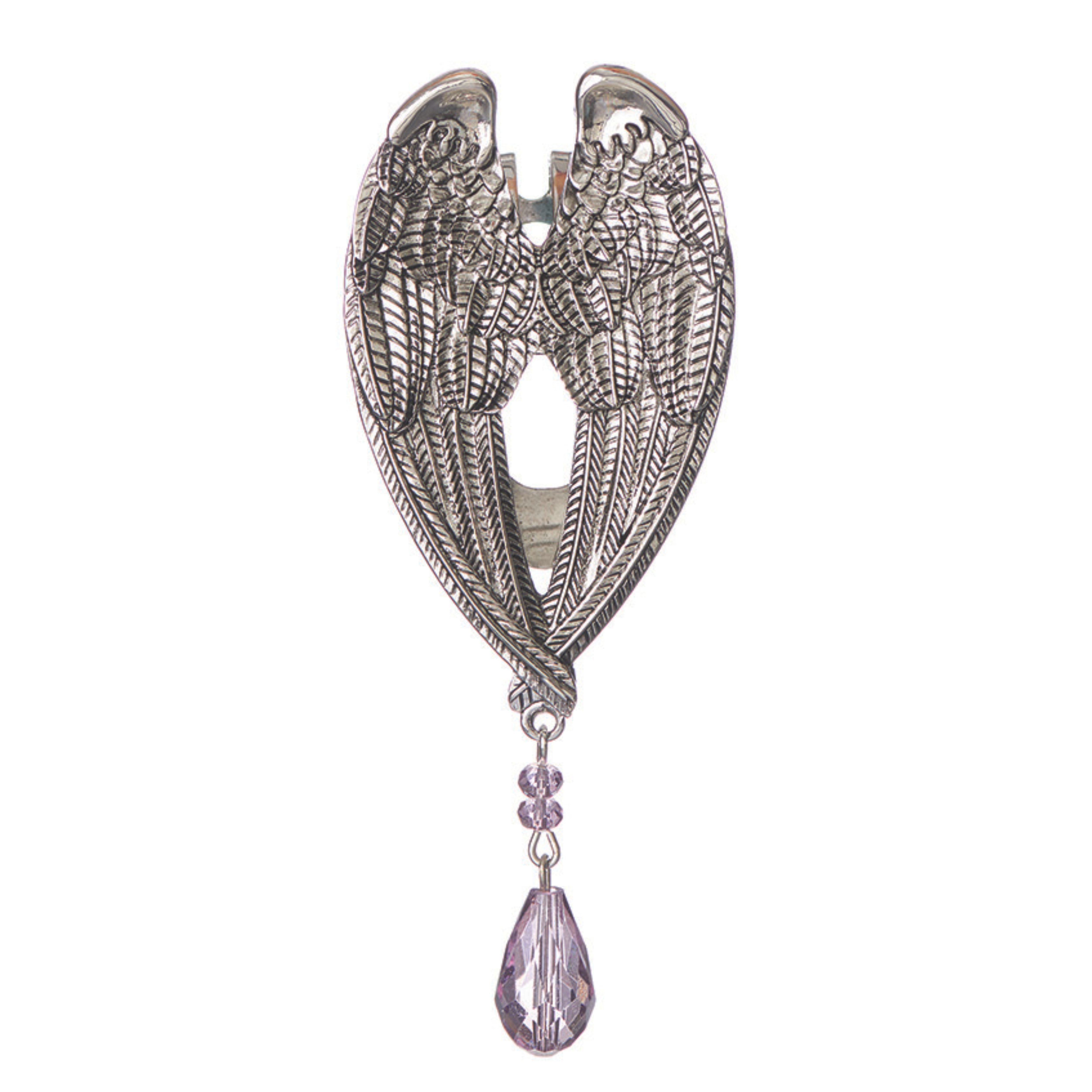 Silver angel wing brooch with a purple teardrop pendant on a white background