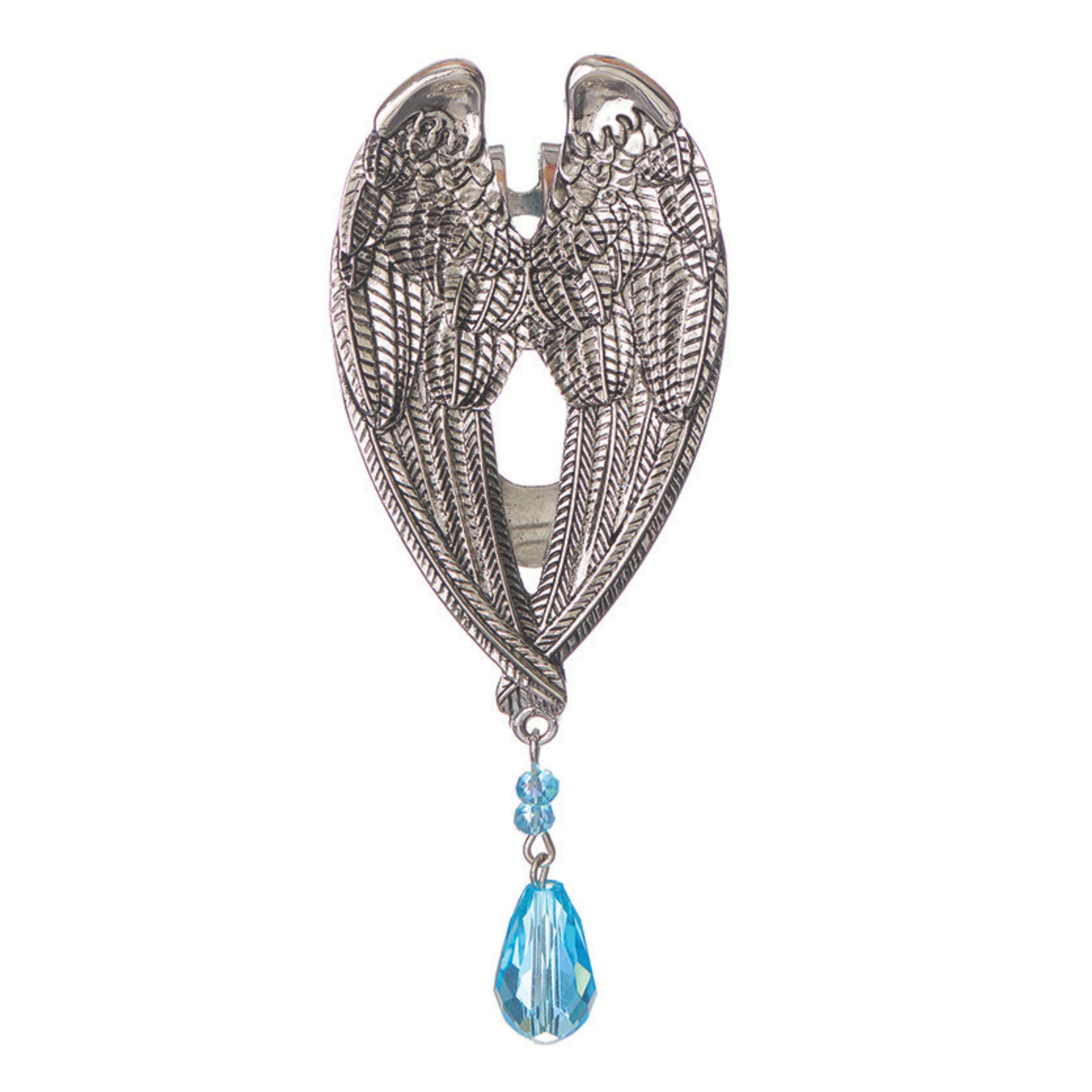 Silver angel wing brooch with a blue teardrop pendant on a white background