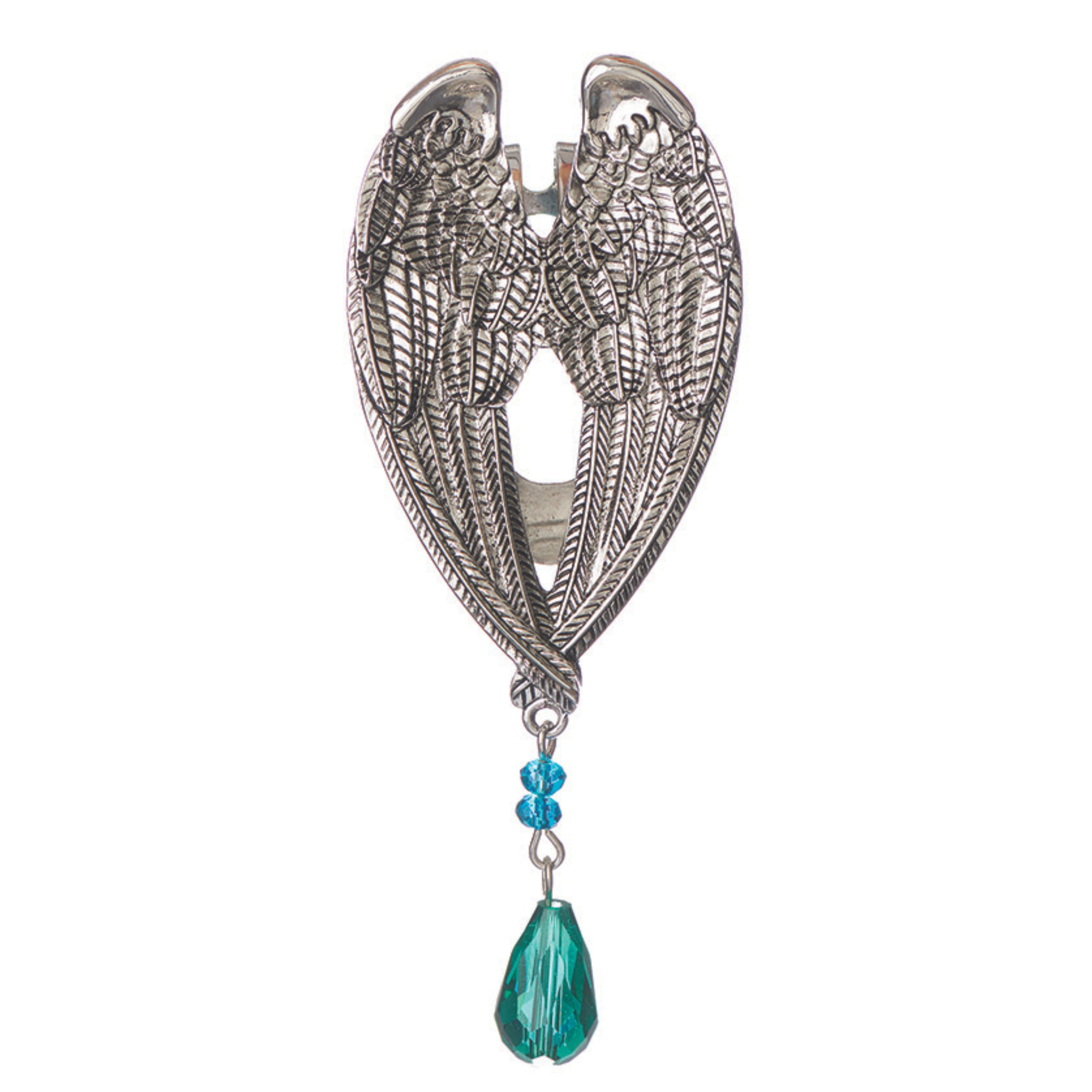 Silver angel wing brooch with a turquoise teardrop pendant on a white background