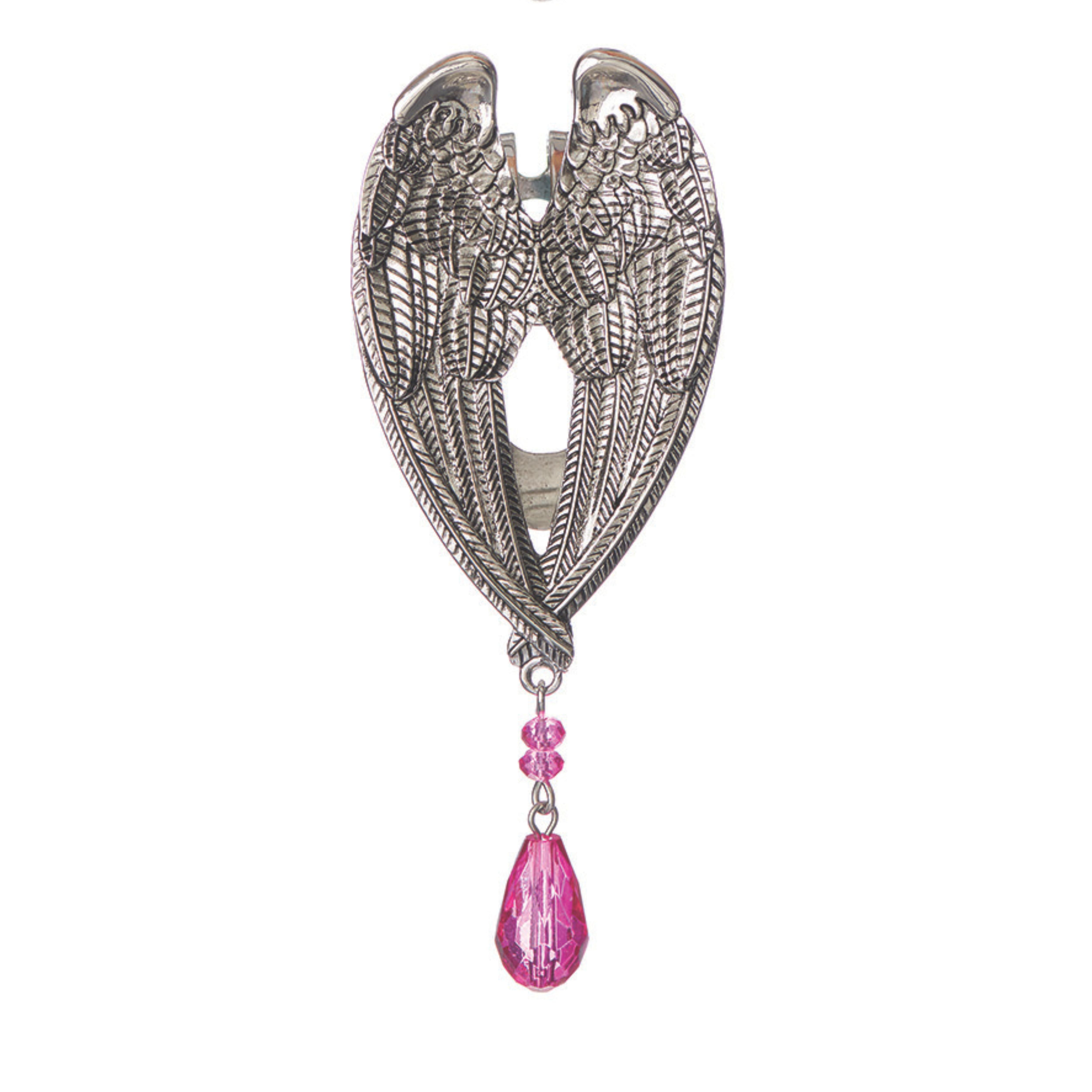 Silver angel wing brooch with a pink teardrop pendant on a white background