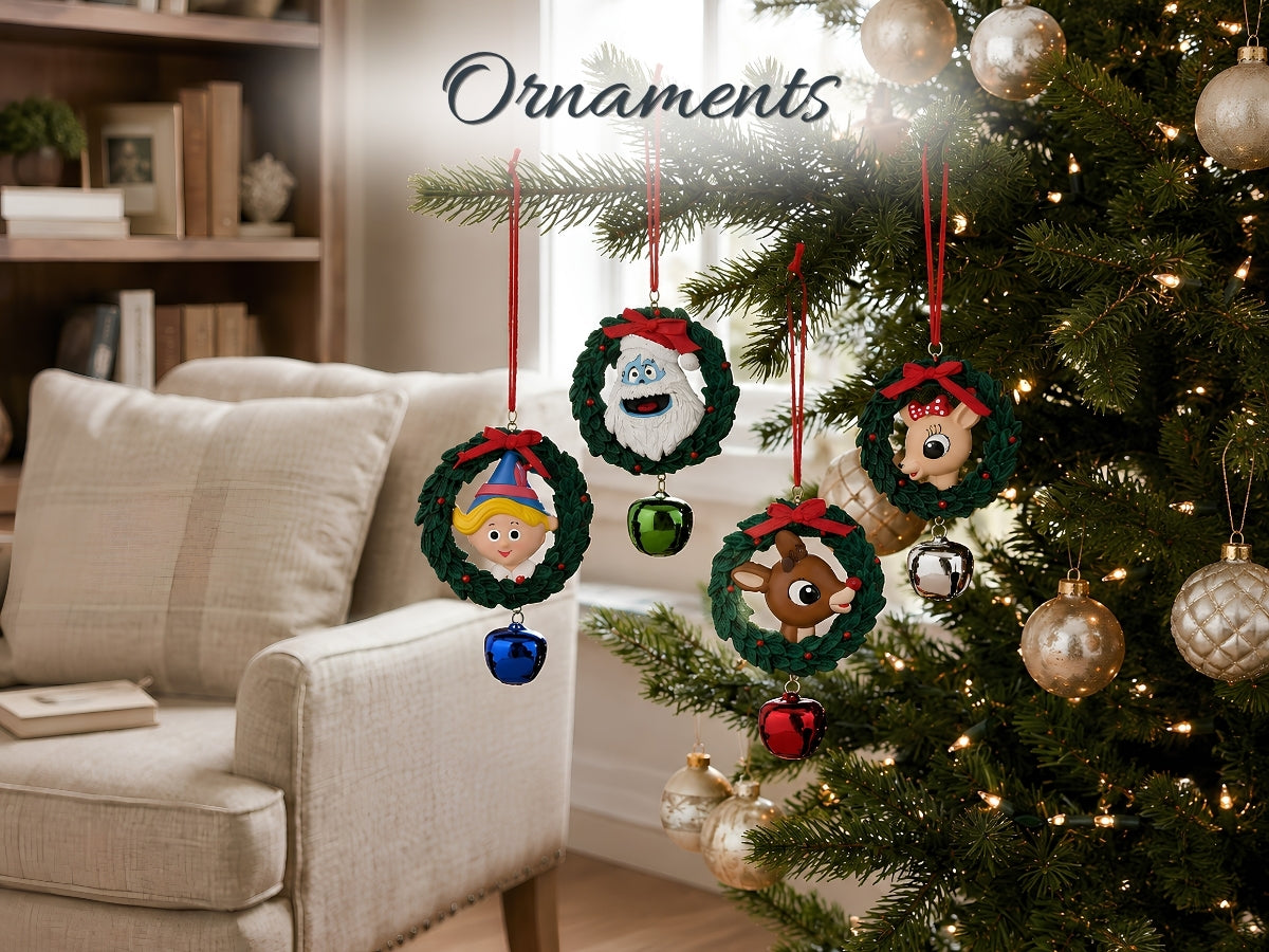 Four personalized Christmas ornaments featuring cartoon characters in green wreaths, hanging on a decorated Christmas tree in a cozy living room setting.