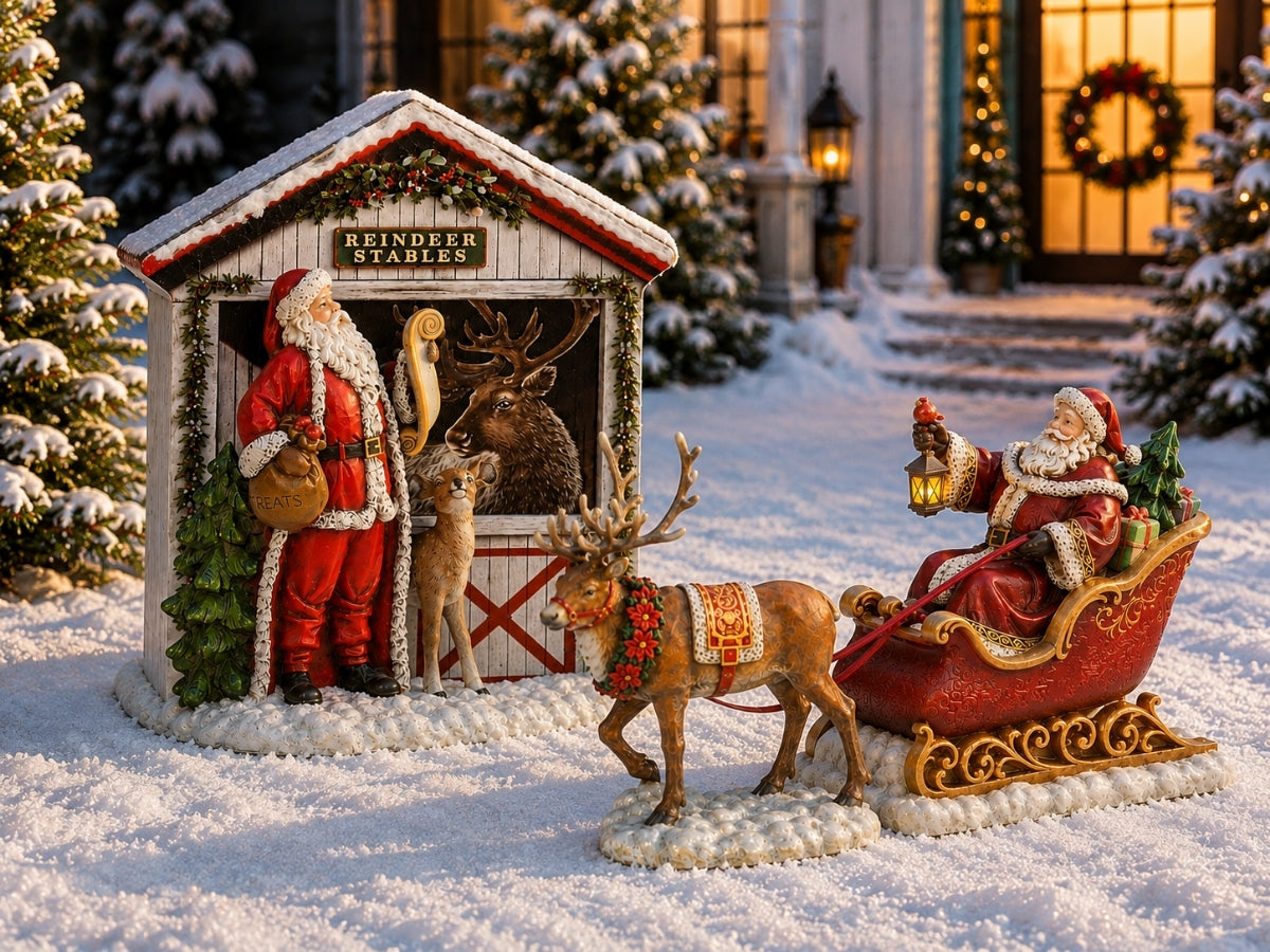 A festive Christmas outdoor decoration set featuring Santa Claus figures, a reindeer, and a small snow-covered cabin labeled 'Reindeer Stable,' staged in a snowy yard with decorated trees and a house in the background.