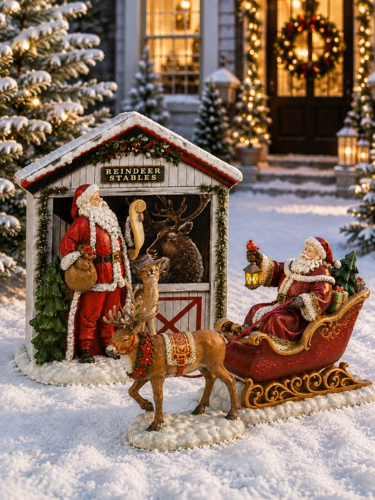 A festive Christmas outdoor decoration set featuring Santa Claus in a red sleigh with a decorated reindeer, next to a small white cabin labeled 'Reindeer Stable' with another Santa figure standing outside, all placed on a snowy lawn in front of a warmly lit holiday house.