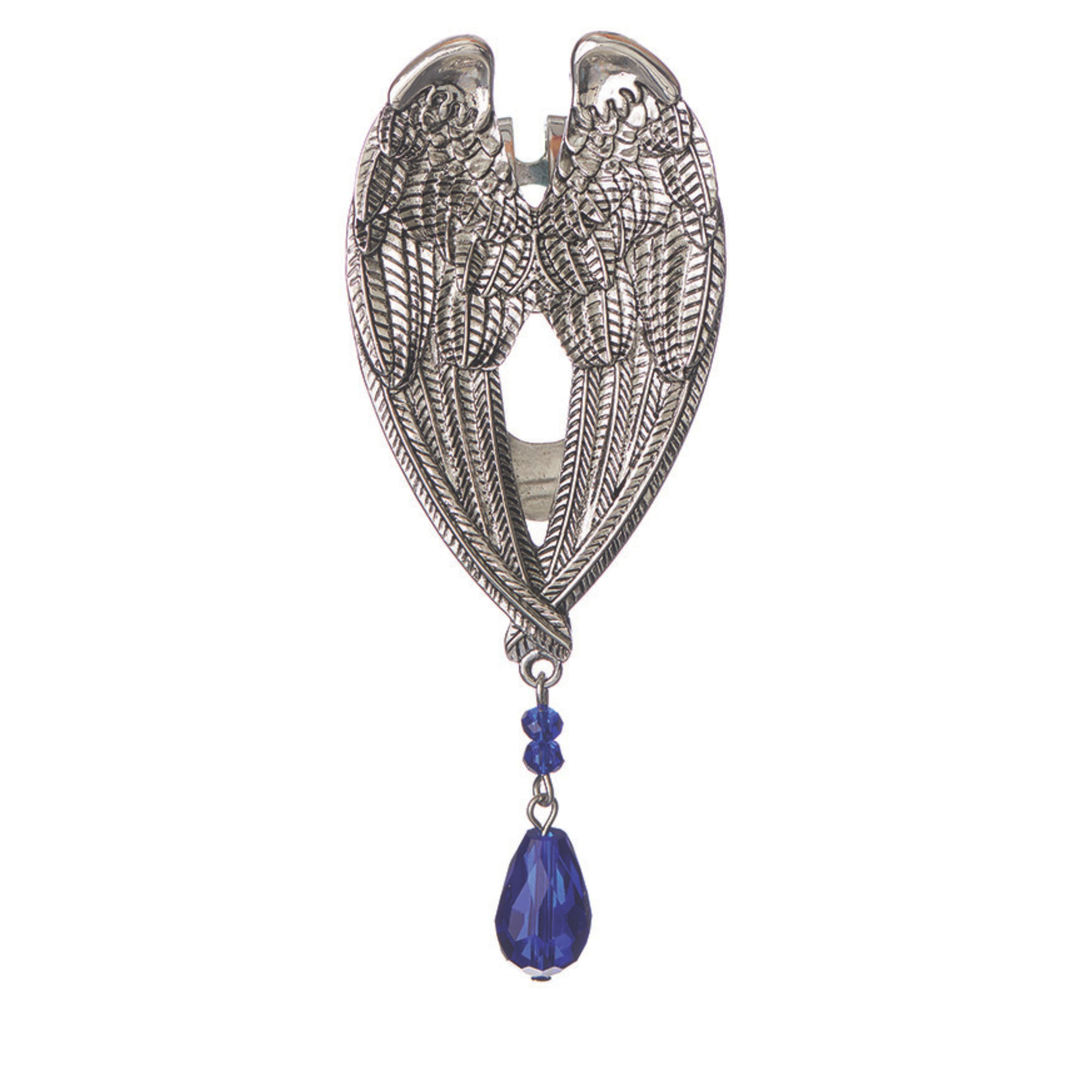 Silver angel wing brooch with a blue gemstone on a white background