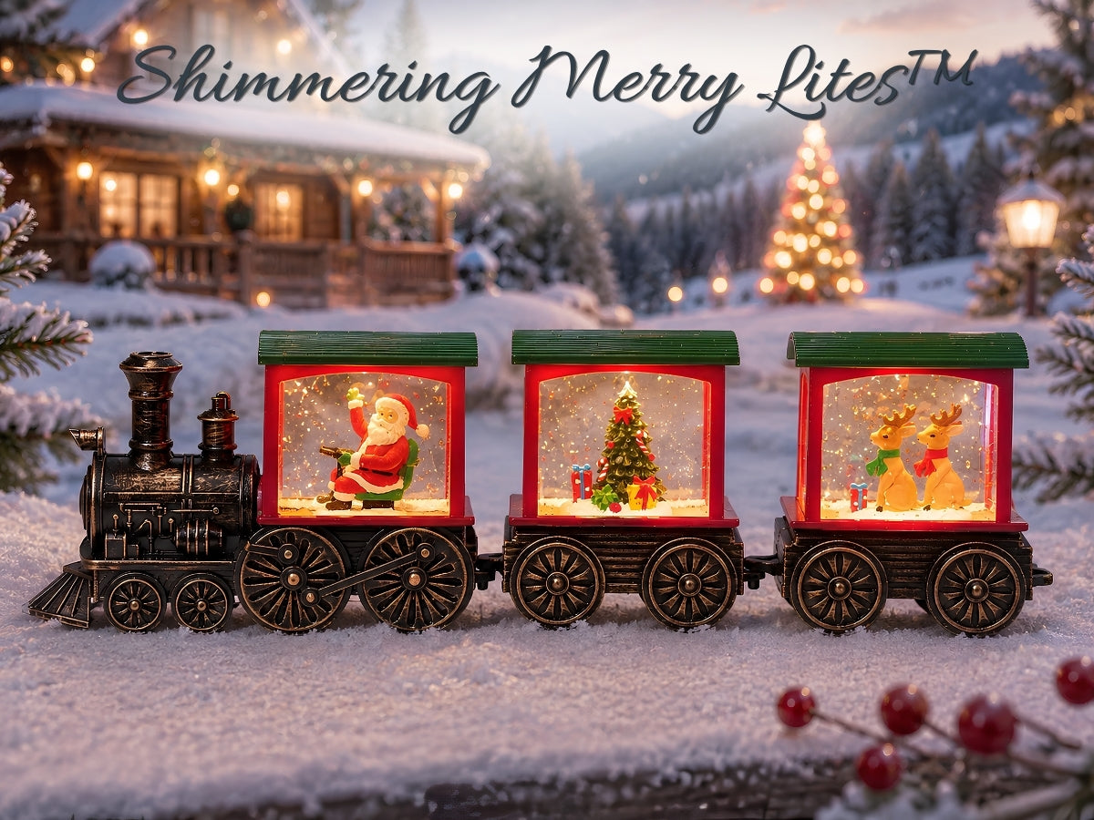 A Christmas-themed decorative train figurine with three glowing snow globe carriages featuring Santa, a Christmas tree, and a reindeer, set in a snowy outdoor scene with the text 'Shimmering Merry Lights' at the top.