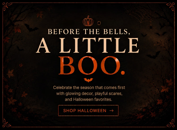 Halloween promotional graphic with the text 'BEFORE THE BELLS, A LITTLE BOO.' in large cream and orange lettering on a dark brown background with bats, leaves, and a pumpkin icon.