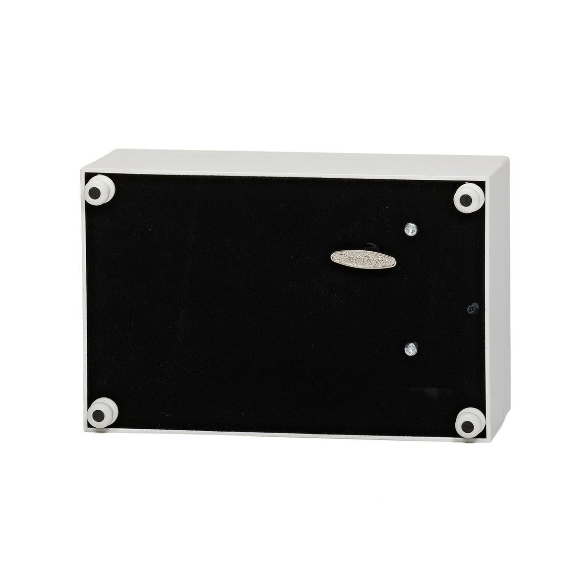 Bottom view of blue “Bless This Child” music box showing the black base panel, mounting screws, and wind-up music mechanism