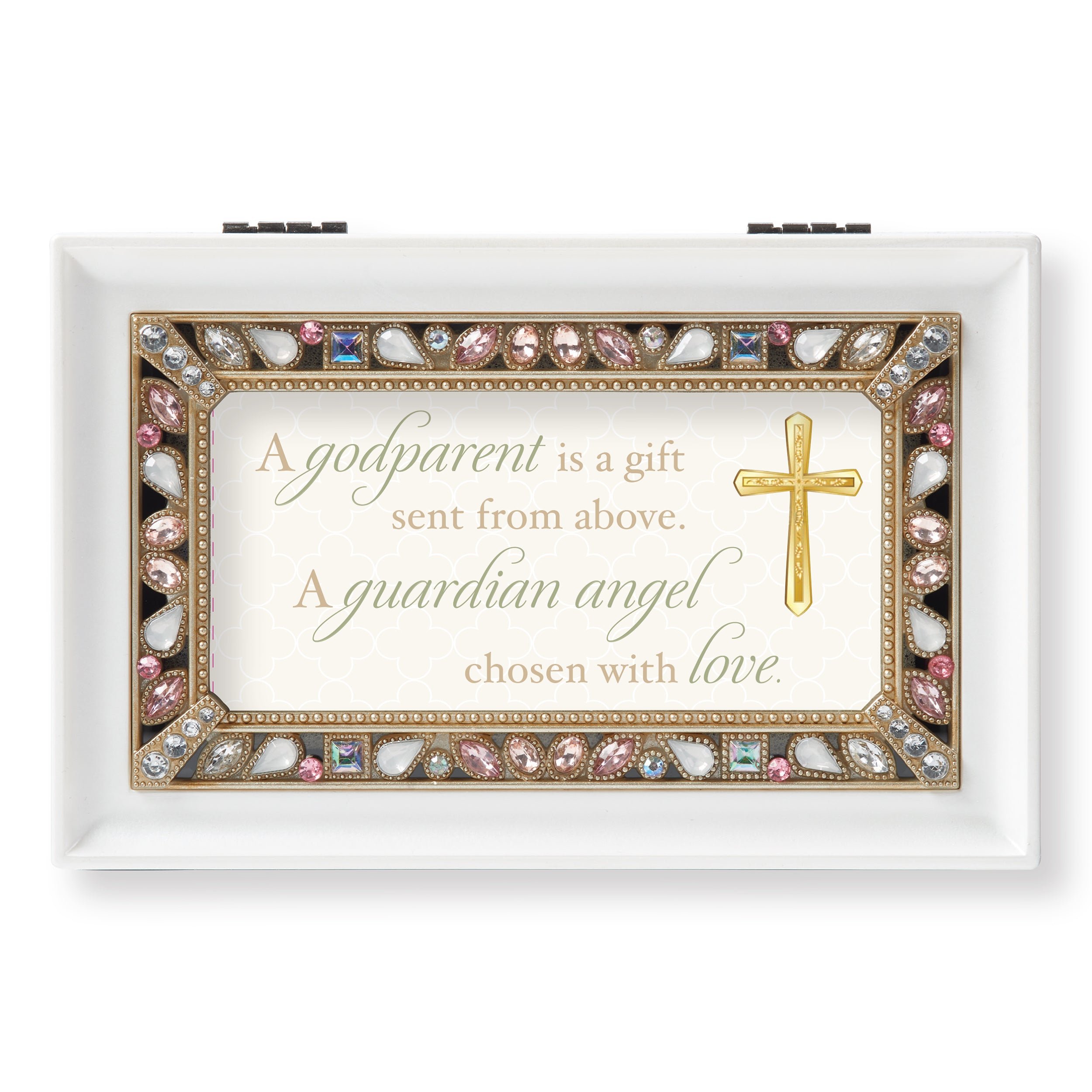 Godparent Music Box with Jeweled Frame - "What a Friend We Have in Jesus" Tune