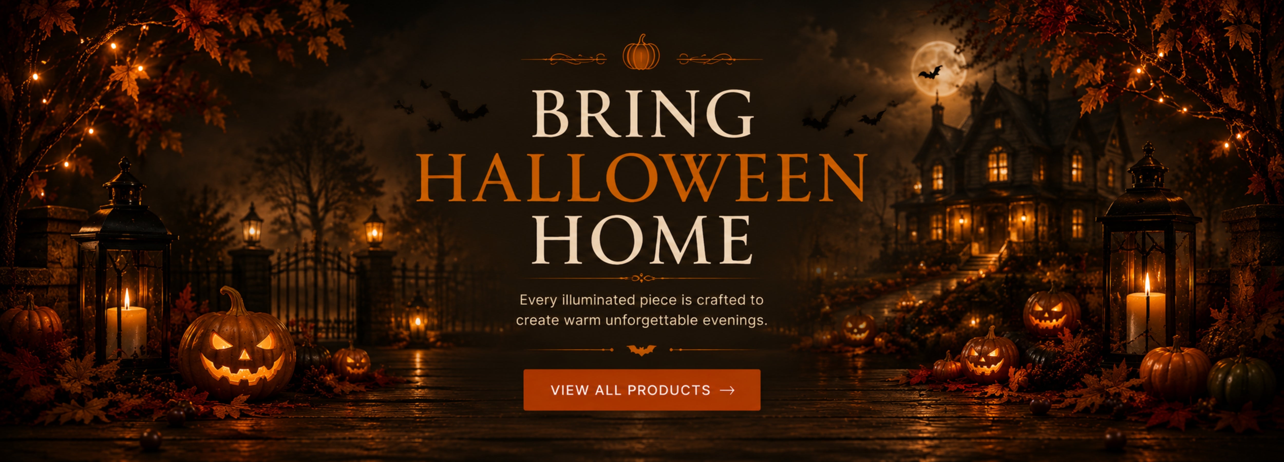 Halloween-themed promotional banner with the text 'BRING HALLOWEEN HOME' in white and orange over a dark spooky scene featuring an illuminated haunted house, jack-o'-lanterns, lanterns, bats, and a full moon.