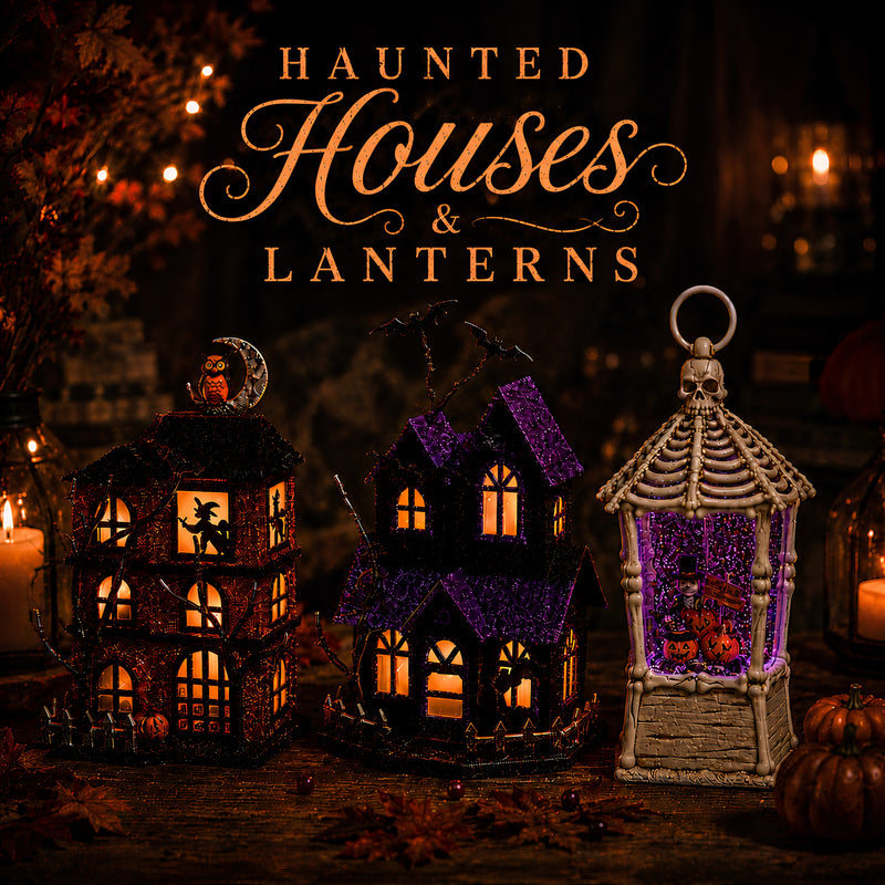 Three Halloween-themed decorative lanterns shaped like haunted houses and a skeleton house with purple glitter details, displayed on a dark tabletop with candles and autumn leaves. Large text at the top reads 'Haunted Houses & Lanterns'.