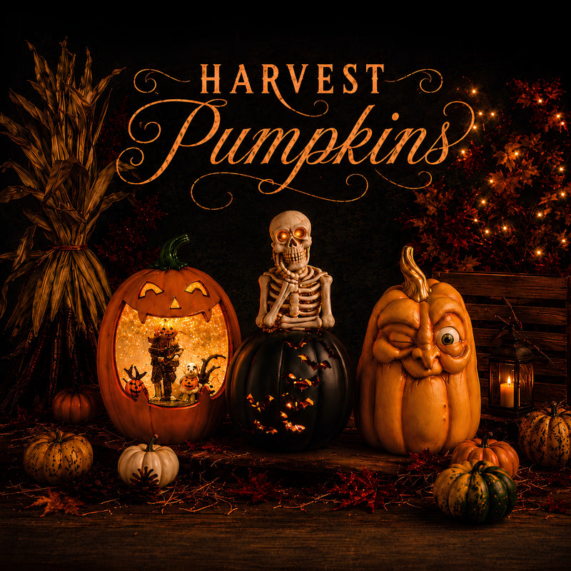 A Halloween-themed decorative scene with carved and painted pumpkins, a skeleton figure on a black pumpkin, dried corn stalks, candles, and the words “Harvest Pumpkins” in ornate lettering against a dark background.