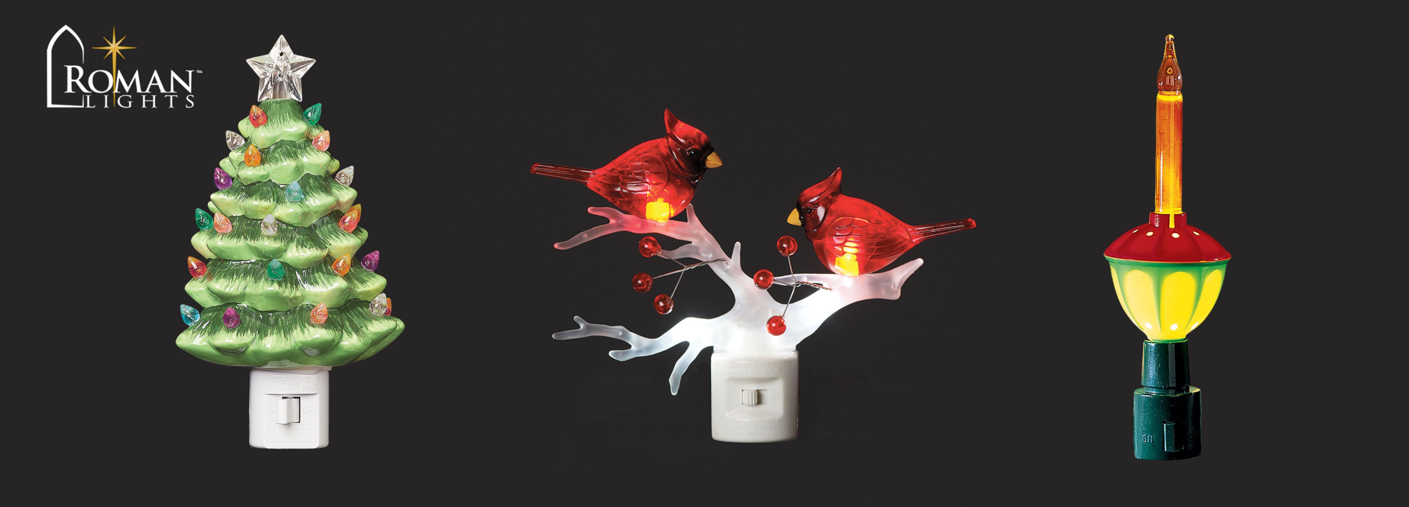 Roman Lights banner showcasing a collection of Christmas-themed night-lights including Santa, reindeer, cardinals, nativity, and holiday tree designs on a warm gradient background.