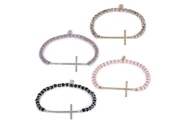 Alexa's Angels by Roman – Pave Cross Bracelet, Crafted of Rhodium/18K Gold Plate, Crystal and Cubic Zirconia, 7"L