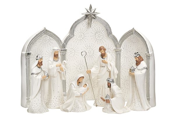 Roman - Silver Dots Nativity with Triptych, 9-PC Set, 11.5H, Resin
